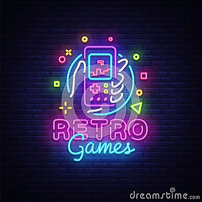 Retro Games Vector Logo. Retro geek gaming gamepad in hand neon sign, modern trend design, vivid vector illustration Vector Illustration