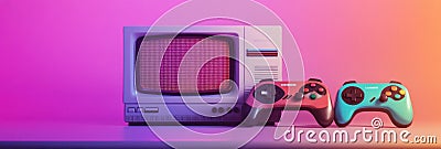 Retro gaming console and controllers placed on table with colorful lighting in a nostalgic gaming setup. Generative AI Stock Photo