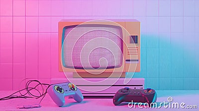 Retro gaming console displayed with colorful lighting in a nostalgic gaming setup. Generative AI Stock Photo