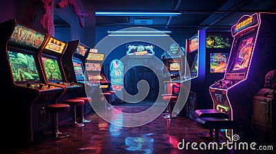 A retro gaming room with arcade cabinets and neon signs Stock Photo