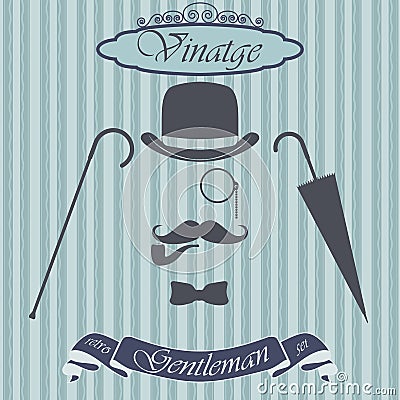 Retro gentleman elements set - bowler, moustache, tobacco pipe monocle, cane and umbrella, on hipster background. Vintage sign des Vector Illustration