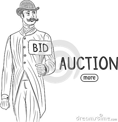 Retro gentleman holding BID sign Cartoon Illustration