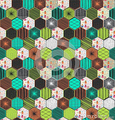 Retro geometric hexagon seamless pattern with owls Stock Photo