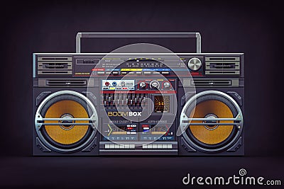 Retro ghetto blaster boombox, radio and audio tape recorder on black background Cartoon Illustration