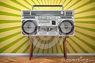 Retro ghetto blaster boombox, radio and audio tape recorder on vintage background Cartoon Illustration