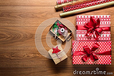 Retro gift wrapping, xmas concept, desk view from above with copy space Stock Photo