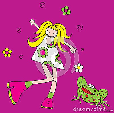 Retro girl with frog Vector Illustration