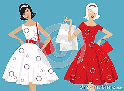 Retro girls shopping Vector Illustration