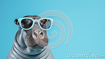 Retro Glamor: Hippopotamus With Sunglasses On Blue Background Stock Photo