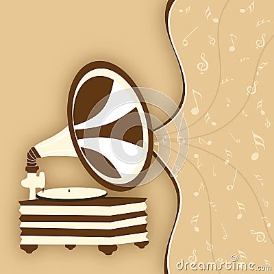 Retro gramophone with musical notes. Stock Photo