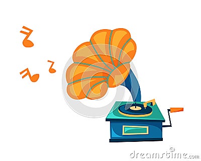 Retro gramophone playing melody on white background. Cartoon musical instrument with big horn Vector Illustration