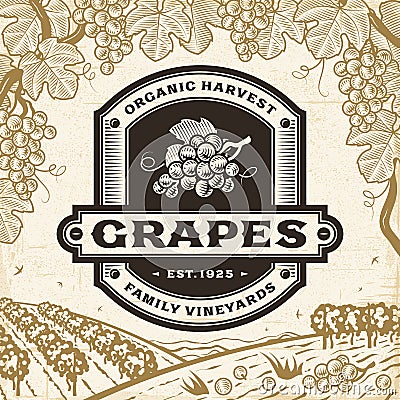 Retro grapes label on harvest landscape Vector Illustration