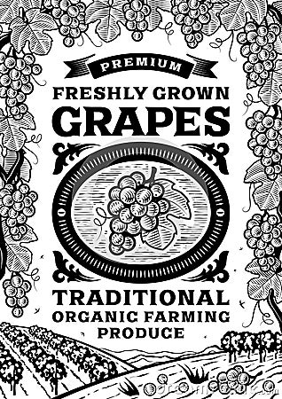 Retro grapes poster black and white Vector Illustration