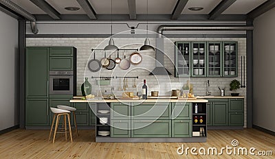 Retro green kitchen in a old room Stock Photo