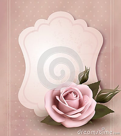 Retro greeting card with pink rose. Vector Illustration