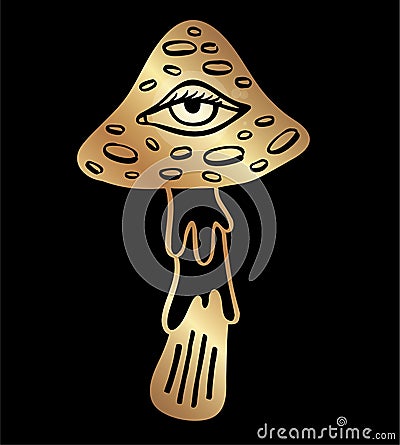 Retro groovy mushroom with one eye. Cosmogony psychedelic lucidity concept. Hippie party, rave trance music festival Vector Illustration