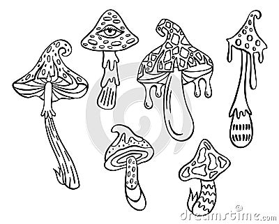 Retro groovy mushrooms set. Cosmogony psychedelic lucidity concept. Hippie party, rave trance music festival. 60s and Vector Illustration