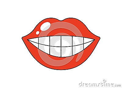 Retro groovy smiling mouth with shiny white teeth. Big plump glossy red opened lips. Funky female lip with lipstick Vector Illustration