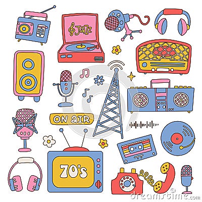 Retro groovy stickers with vintage electronics in 80s style. Vintage collection of cassette, tape recorder, phone Vector Illustration