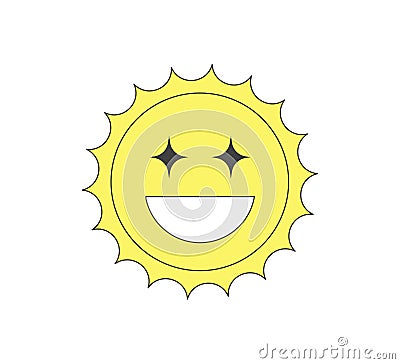 Retro groovy style crazy shiny sun character. Psychedelic hippie old solar mascot. Abstract vintage hippy smiley sticker Stock Photo