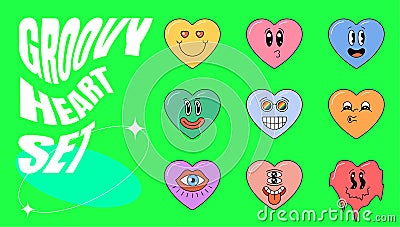 Retro groovy style heart shape set. Psychedelic hippie crazy love character collection. Vintage hippy various emoji Vector Illustration