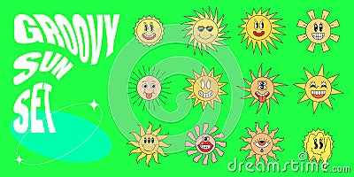 Retro groovy style shiney sun with sunbeams character set. Psychedelic hippie crazy smiley cartoon collection. Abstract Vector Illustration