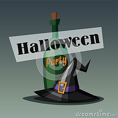 Retro halloween party invitation, card with witch hat and wine bottle Vector Illustration