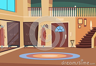 Retro hallway. Cartoon corridor interior with stairs and entrance door, wooden hanger and shoe room. Indoor house vector Vector Illustration