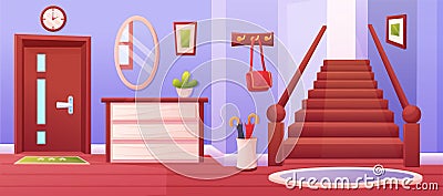 Retro hallway with stair and wardrobe. Living house inside interior. Cartoon home hall, apartment with furniture Vector Illustration