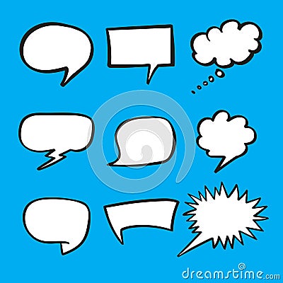 Retro hand drawn comics speech bubbles set on blue background. Vector Illustration