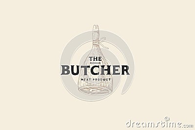 Retro hand-drawn logo butcher shop with picture of ham. Engraving label with sample text. Template for meat business. Vector Illustration