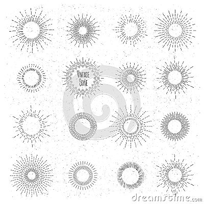 Retro hand drawn sunburst set. Sun ray frames in Vector Illustration