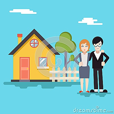 Retro Happy Family with House Real Estate Modern Vector Illustration