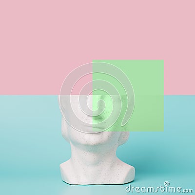 Retro head sculpture against the pastel background and square illustration element. Cartoon Illustration