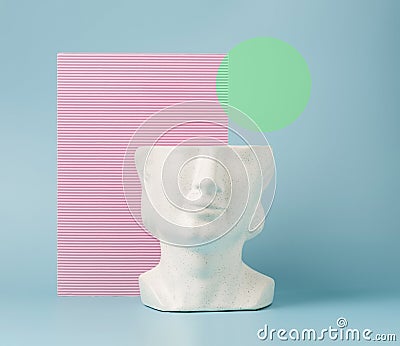 Retro head sculpture against the pastel background and circular illustration element. Cartoon Illustration