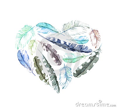 Retro heart - bird feathers. Vintage watercolor for Valentine day Stock Photo