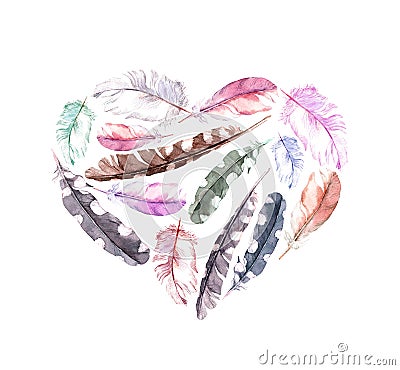 Retro heart with bird feathers. Vintage watercolor Stock Photo