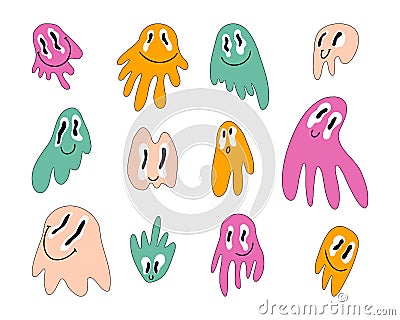 Retro hippie groovy melting dripping smile faces 70s 60s style set Vector Illustration