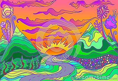 Retro hippie style psychedelic landscape with mountains, sun and the road going into the sunset Vector Illustration
