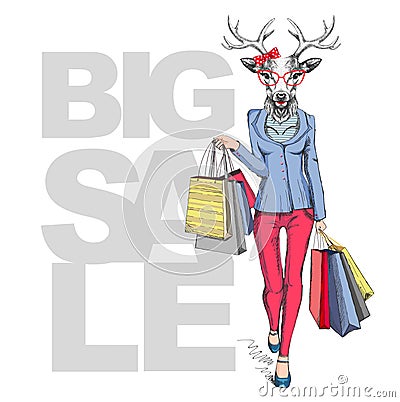 Retro Hipster animal deer. Big sale hipster poster with woman model Vector Illustration