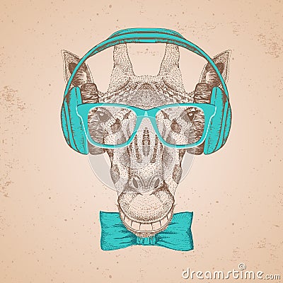 Retro Hipster animal giraffe with headphones. Hand drawing Muzzle of giraffe Vector Illustration