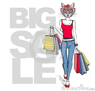 Retro Hipster animal girl cat. Big sale hipster poster with woman Vector Illustration