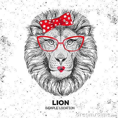 Retro Hipster animal lion. Hand drawing Muzzle of animal lion. Vector Illustration