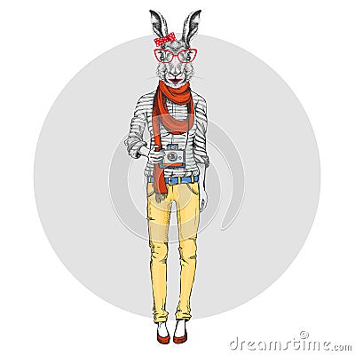 Retro Hipster animal rabbit with photo camera. Woman model Vector Illustration