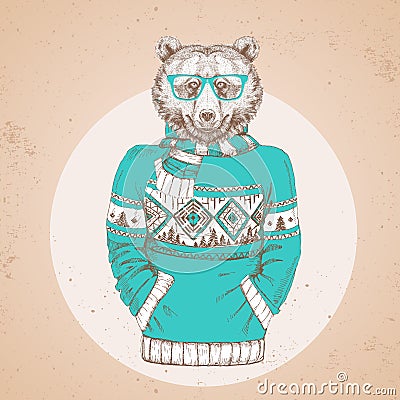Retro Hipster fashion animal bear dressed up in pullover. Vector Illustration