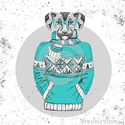 Retro Hipster fashion animal dog dressed up in pullover. Vector Illustration