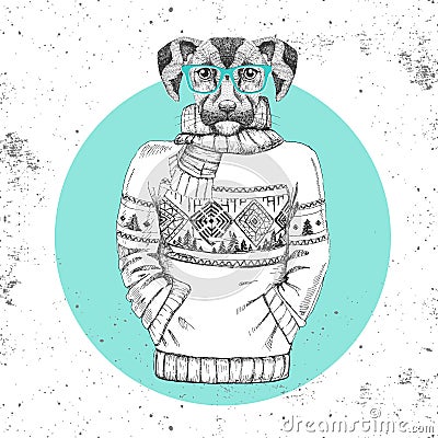 Retro Hipster fashion animal dog dressed up in pullover. Vector Illustration