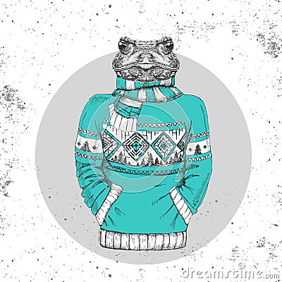 Retro Hipster fashion animal frog dressed up in pullover. Vector Illustration