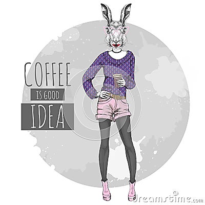 Retro Hipster fashion animal rabbit with coffee. Woman model Vector Illustration