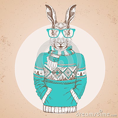 Retro Hipster fashion animal rabbit dressed up in pullover Vector Illustration